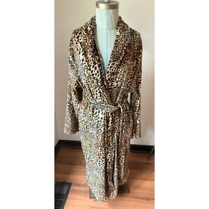 NWOT Natori Robe Velvet Plush Brown Animal Print Soft Knee Length Belted